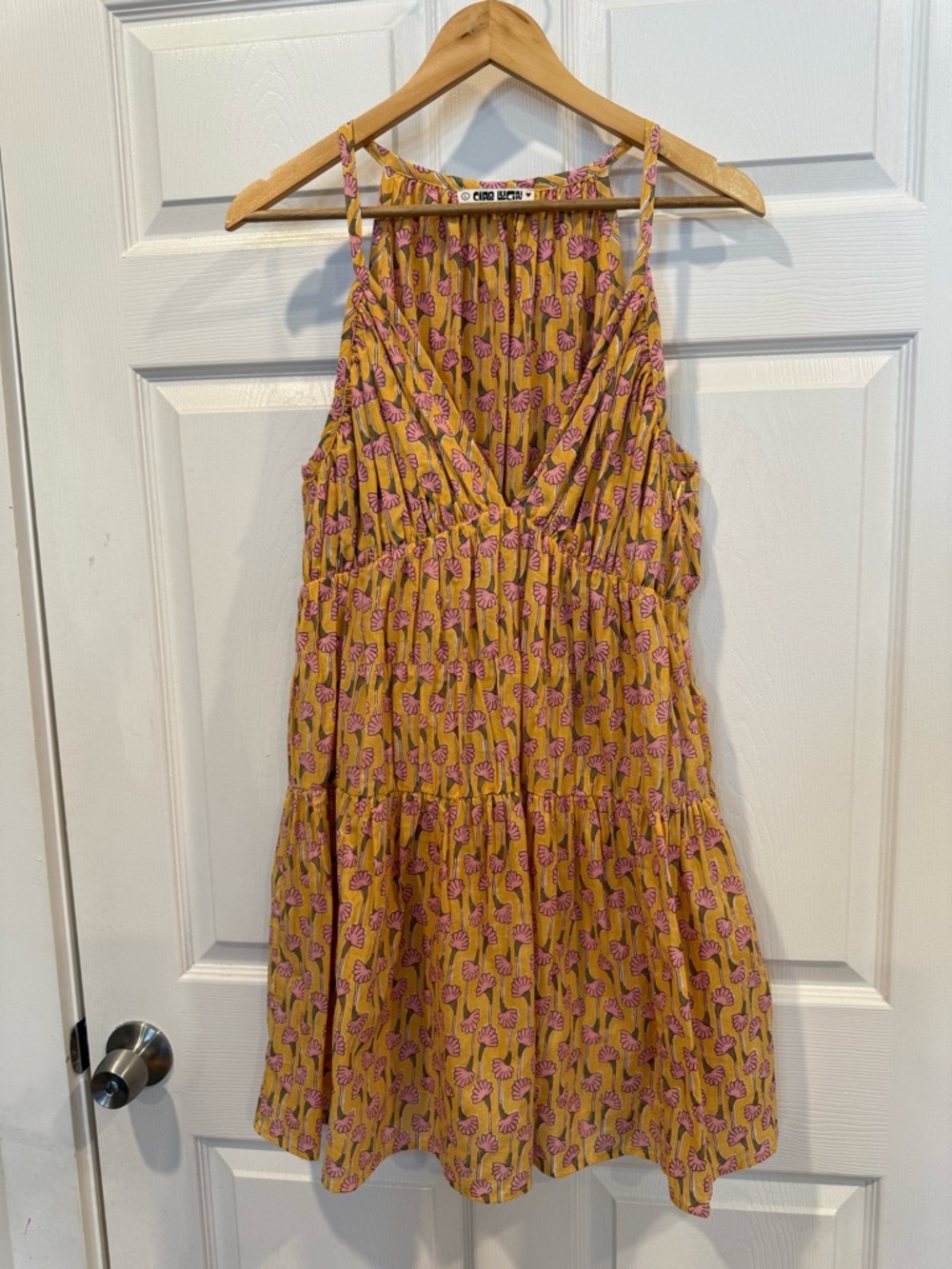 Ciao Lucia Yellow Mustard Mini Dress with Pink Floral Print
